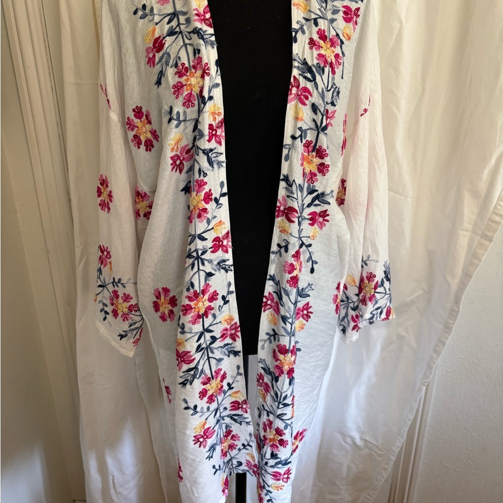 Floral Embroidered Kimono - White with Pink and Yellow Accents
